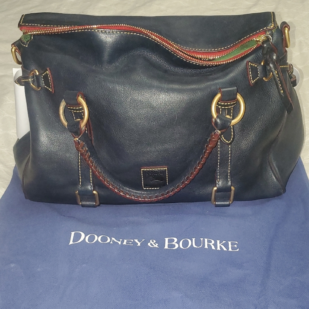 Dooney & Bourke dark navy Leather Shoulder Bag with Brown Trim and Gold Hardware